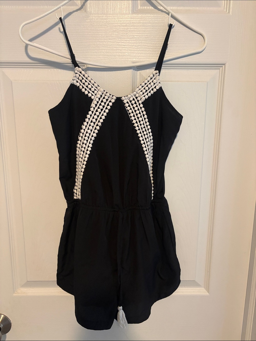 Girls Black Romper with White Crochet Trim
